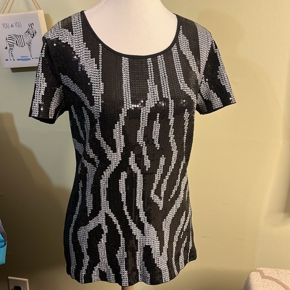 Michael Michael Kors Black Sequin T Shirt Crew Zebra Print Stretch 100% Cotton - Picture 1 of 15